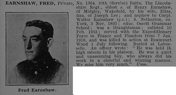 Earnshaw F Pte 1364 10th Lincolnshire Regiment Obit