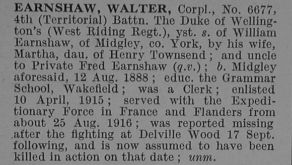 Earnshaw W Cpl 6677 4th West Riding Regiment Obit