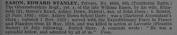 Eason E S Pte 4856 6th Gloucestershire Regiment Obit