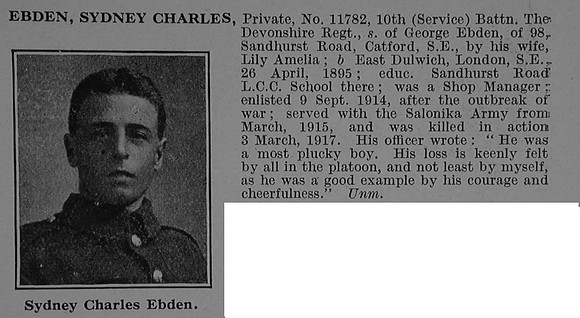 Ebden S C Pte 11782 10th Devonshire Regiment Obit