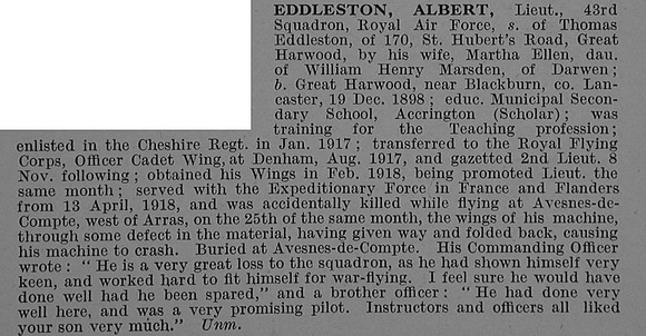 Eddleston A Lt Royal Air Force Obit