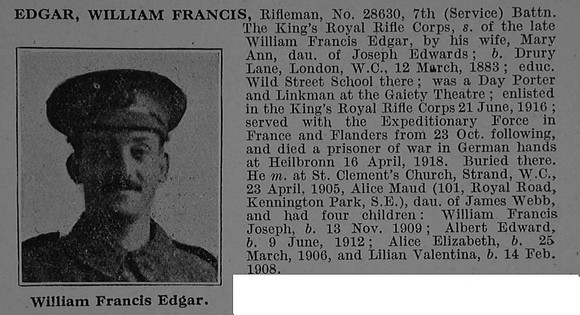 Edgar W F Rfn 28630 7th Kings Royal Rifle Corps Obit