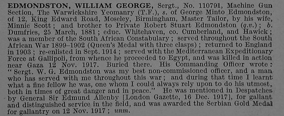 Edmondston W G Sergt 110791 Machine Gun Corps Obit