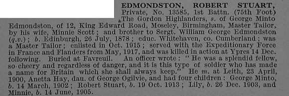 Edmondston R S Pte 13585 1st Gordon Highlanders Obit