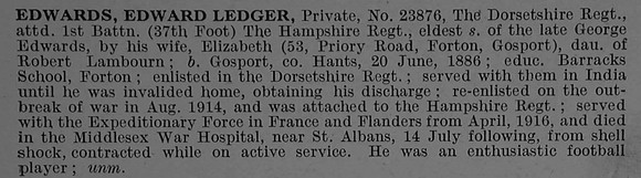 Edwards E L Pte 23876 Dorset Regiment Attd 1st Hampshire Regiment Obit