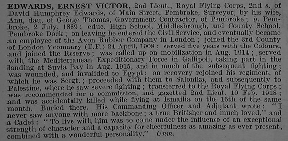 Edwards E V 2nd Lt Royal Flying Corps Obit De Ruvignys Roll Of Honour Vol 4