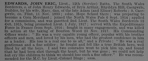 Edwards J E Lt 12th South Wales Borderers Obit