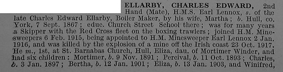 Ellarby C E 2nd Hand Mate HMT Earl Lennox Royal Naval Reserve Obit Part 1