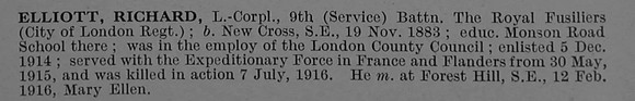 Elliott R L/Cpl G10319 9th Royal Fusiliers