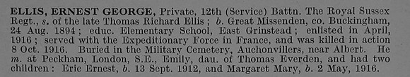 Ellis E G Pte 16319 12th Royal Sussex Regiment Obit