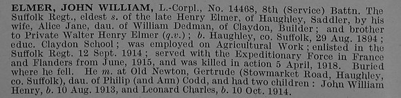 Elmer J W L/Cpl 14468 8th Suffolk Regiment
