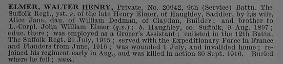Elmer W H Pte 20942 9th Suffolk Regiment Obit