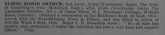 Elson E A 2nd Lt 9th Middlesex Regiment Attd 5th Lancashire Fusiliers
