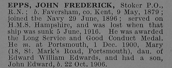 Epps J F Petty Officer Stoker 282938 H.M.S. Hampshire Royal Navy Obit