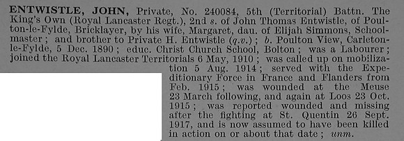 Entwistle J Pte 240084 5th Kings Own Royal Lancaster Regiment