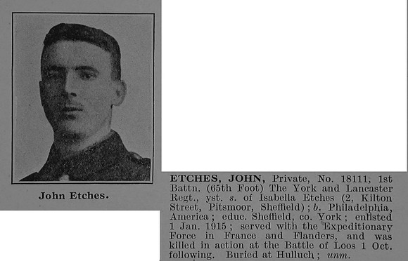 Etches J Pte 18111 1st York & Lancaster Regiment Obit