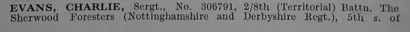 Evans C Sergt 306791 8th Notts & Derby Regiment (Sherwood Foresters) Obit Part 1