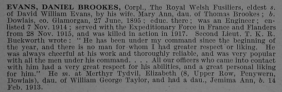 Evans D B Cpl 18795 16th Royal Welsh Fusiliers Obit