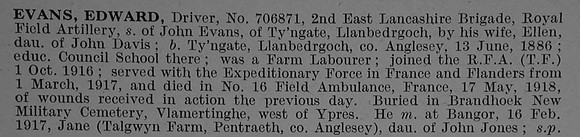 Evans E Dvr 706871 Royal Field Artillery Obit