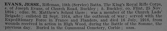 Evans J Rfn C597 10th Kings Royal Rifle Corps Obit