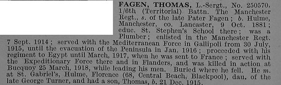 Fagen T L/Sergt 250570 6th Manchester Regiment Obit