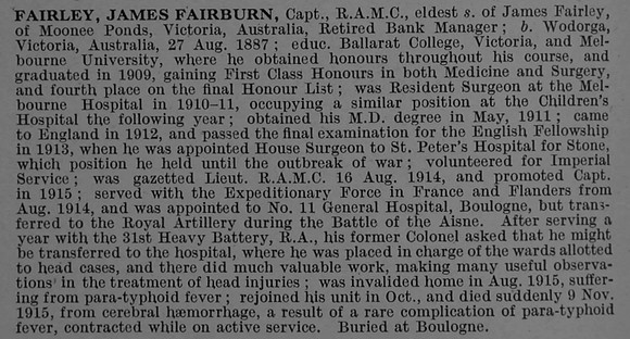 Fairley J F Captain Royal Army Medical Corps