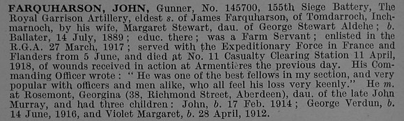 Farquharson J Gnr 145700 Royal Garrison Artillery