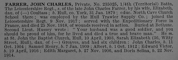 Farrer J C Pte 235025 4th Leicestershire Regiment