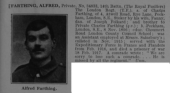 Farthing A Pte 34833 14th Royal Fusiliers Obit