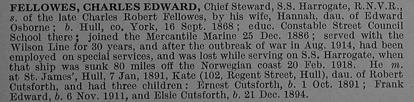 Fellowes C E Chief Steward SS Harrogate Royal Naval Volunteer Reserve