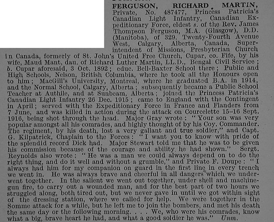 Ferguson R M Pte 487477 Princess Patricia's Canadian Light Infantry (Eastern Ontario Regiment) Obit