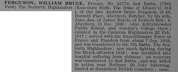 Ferguson W B Pte 25779 2nd Seaforth Highlanders Obit