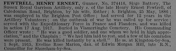 Fewtrell H E Gnr 374416 Royal Garrison Artillery Obit