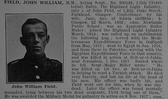 Field J W Acting Sergt MM 200148 5th Highland Light Infantry Obit