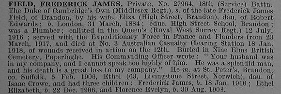 Field F J Pte 27964 18th Middlesex Regiment Obit