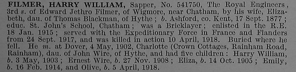 Filmer H W Sapper 541750 Royal Engineers Obit