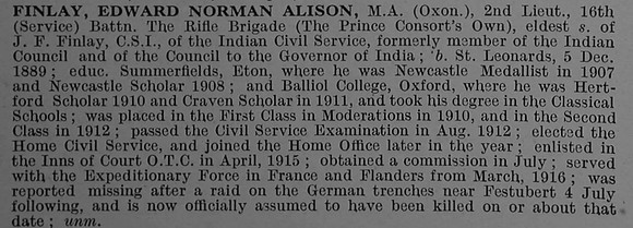 Finlay E N A 2nd 16th Rifle Brigade Obit