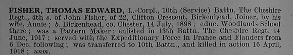 Fisher T E L/Cpl 10th Cheshire Regiment Obit