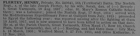 Flertey H 240641 5th Norfolk Regiment Obit