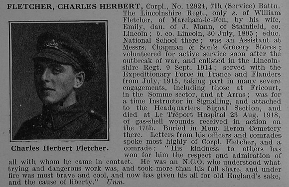 Fletcher C H Cpl 12924 7th Lincolnshire Regiment Obit