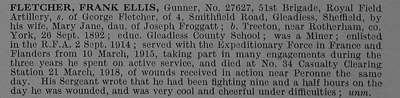 Fletcher F E Gnr 27627 Royal Field Artillery Obit