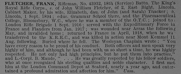 Fletcher F Rfn 43932 18th Kings Royal Rifle Corps Obit