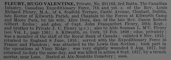 Fleury H V Pte 201162 3rd Canadian Infantry (Central Ontario Regiment)