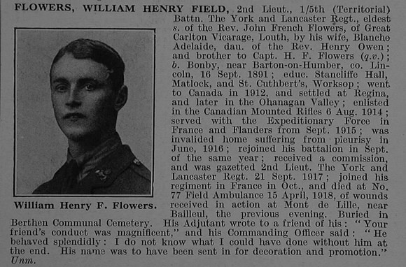 Flowers W H F 2nd Lt 5th York & Lancaster Regiment Obit