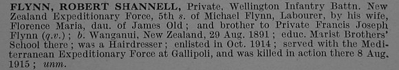 Flynn R S Pte 10/1157 Wellington Regiment, N.Z.E.F.
