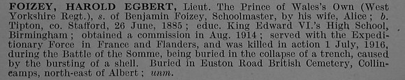 Foizey H E Lt 18th West Yorkshire Regiment (Prince of Wales's Own)