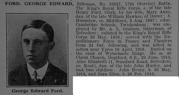 Ford G E Rfn 33827 17th Kings Royal Rifle Corps Obit