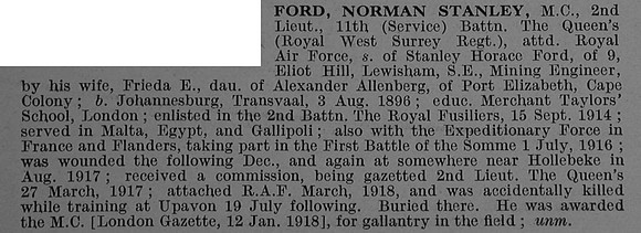 Ford N S 2nd Lt 11th Queens Royal West Surrey Regiment