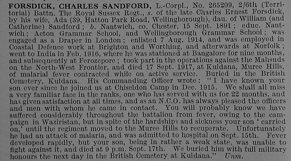 Forsdick C S L/Cpl 265209 6th Royal Sussex Regiment Obit