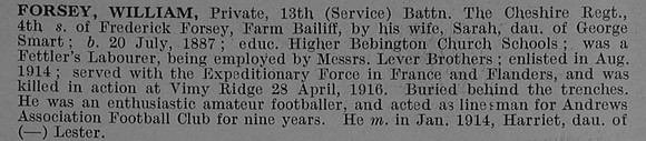 Forsey W Pte 816 13th Cheshire Regiment Obit